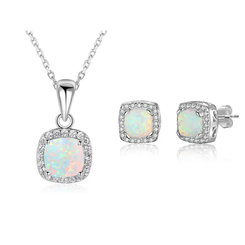 Square White Opal Necklace Earrings Wedding Bridal Jewelry Set